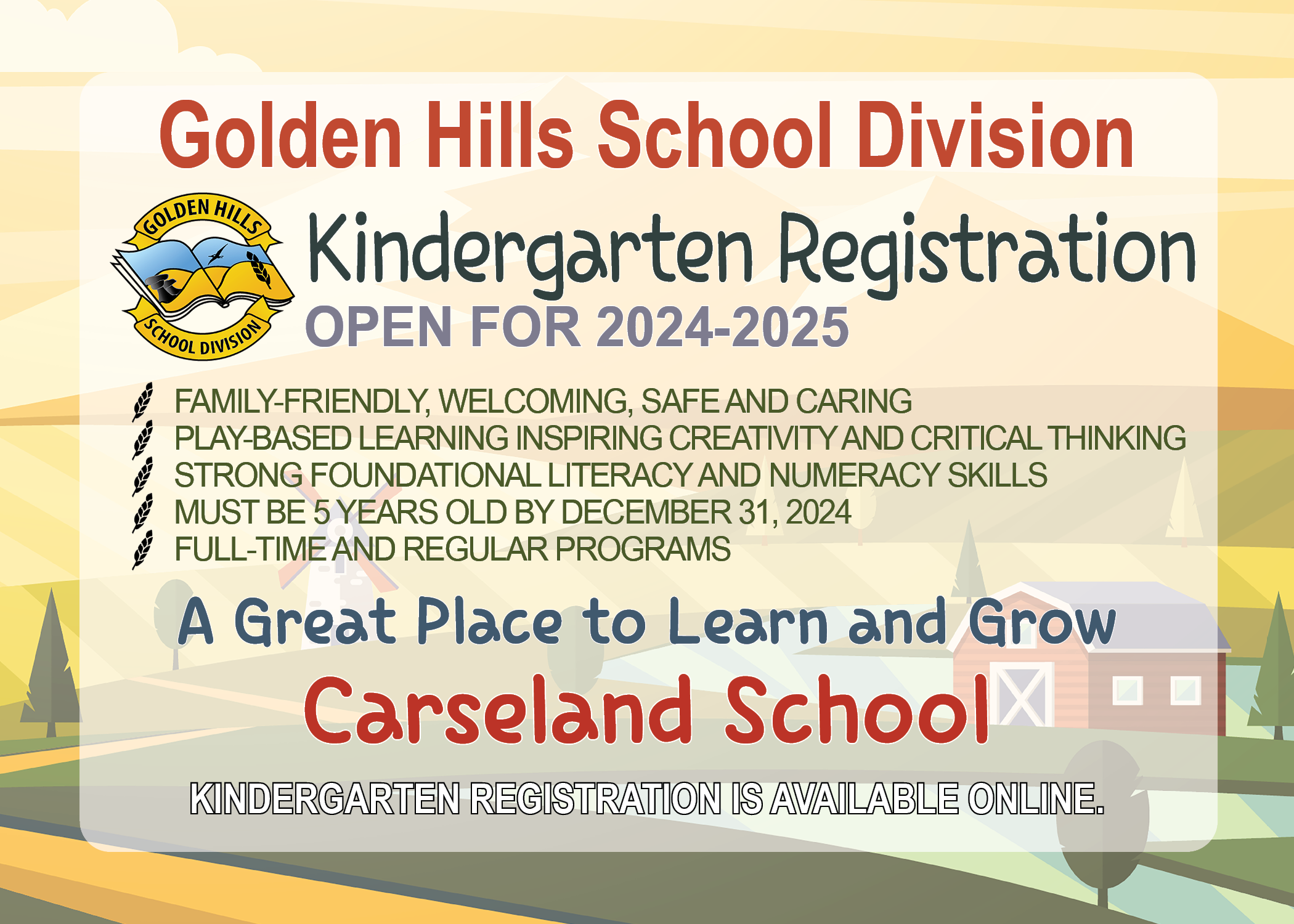 20242025 Kindergarten Registration is Now Open! Carseland School